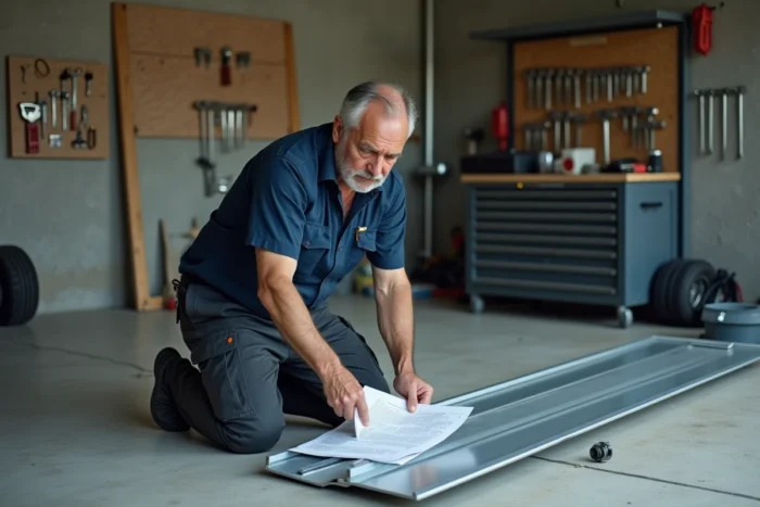Homme installant une porte de garage sectionnelle en consultant le manuel technique sur un sol en béton
