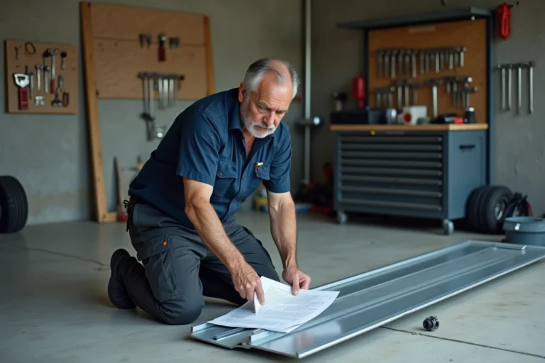 Homme installant une porte de garage sectionnelle en consultant le manuel technique sur un sol en béton
