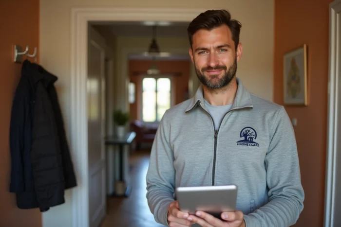 Intervenant à domicile ADMR consultant le planning Philia sur une tablette dans le couloir d'un domicile