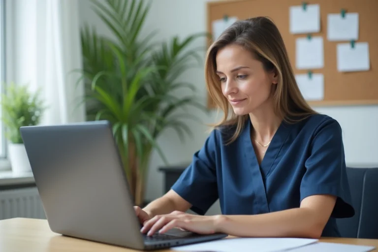 Intervenante ADMR utilisant le logiciel Philia sur un ordinateur portable dans un bureau administratif organisé