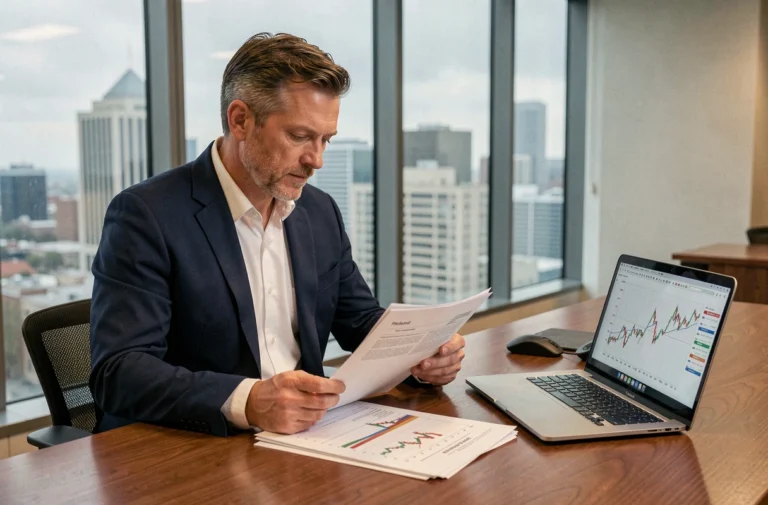 Investisseur prudent analysant des rapports financiers et des graphiques boursiers dans un bureau d'entreprise moderne