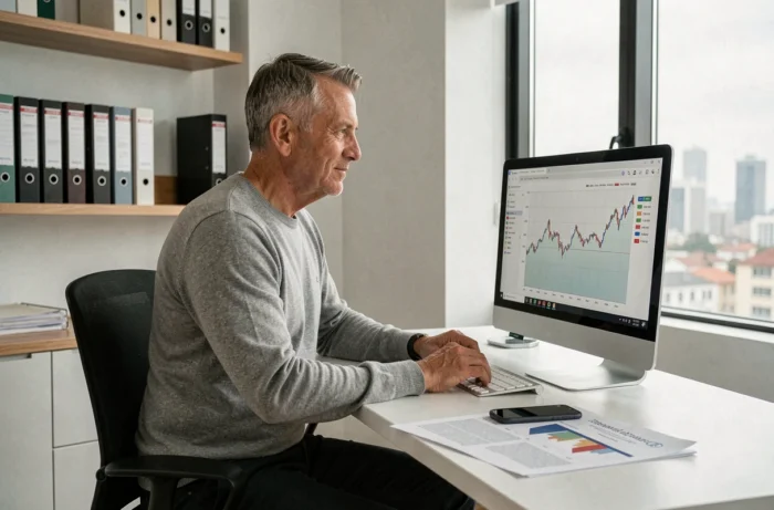 Investisseur immobilier analysant des tendances du marché sur un écran d'ordinateur dans un bureau moderne