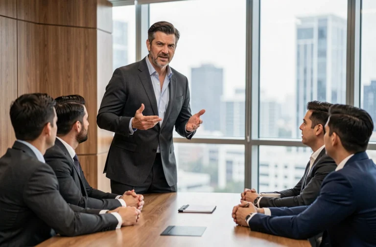 Leader inspirant Thibault Richelme s'adressant à son équipe dans une salle de réunion moderne, incarnant un management bienveillant et une vision stratégique claire
