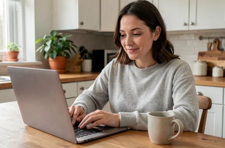Maman utilisant un ordinateur portable pour naviguer sur un site web organisé dans une cuisine chaleureuse