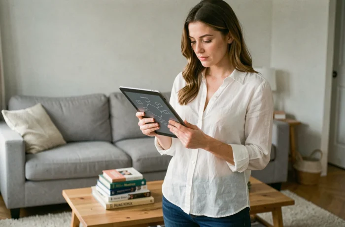 Jeune maman tenant une tablette avec un plan de site affiché dans un salon familial organisé