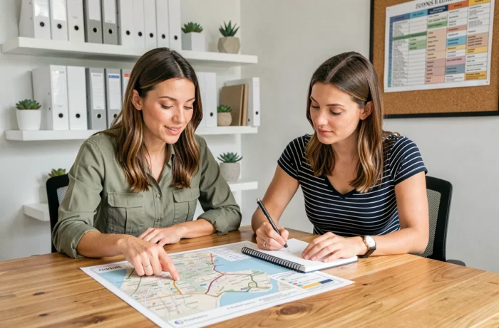 Deux mamans collaborant autour d'un plan de site imprimé dans un bureau à domicile bien organisé