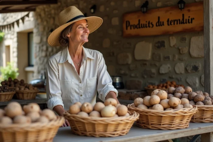 Femme au marché artisanal de Saignac découvrant des produits du terroir périgourdin comme les noix et les champignons sauvages