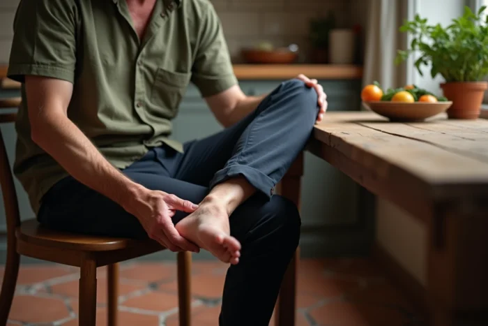 Homme âgé massant la plante de son pied pour stimuler la circulation au niveau du pied, assis dans une cuisine rustique aux tons naturels