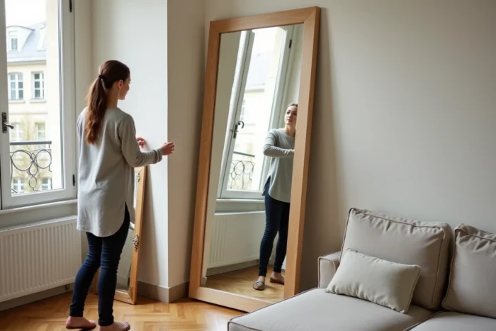 Grand miroir placé en face d'une fenêtre pour réfléchir la lumière naturelle et agrandir visuellement une pièce sombre