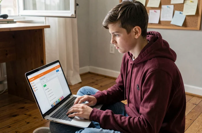 Adolescent changeant le mot de passe wifi Orange sur un ordinateur portable dans une chambre