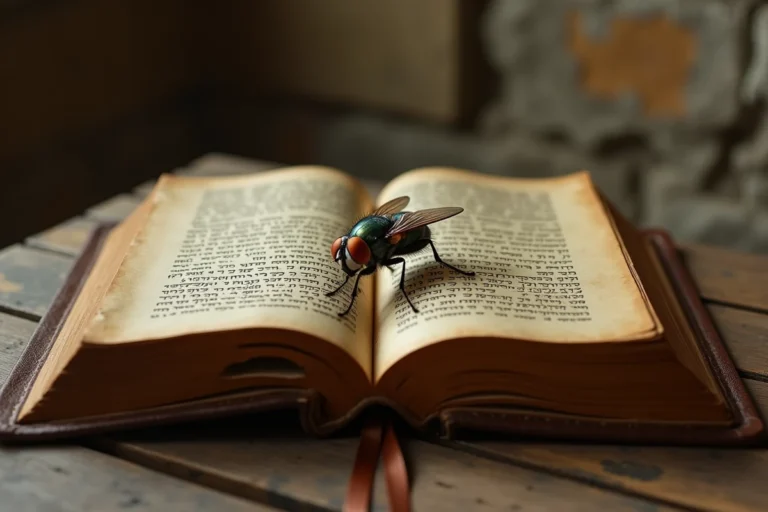 Mouche posée sur une Bible ancienne ouverte, symbolisme spirituel et biblique de la mouche dans les Écritures