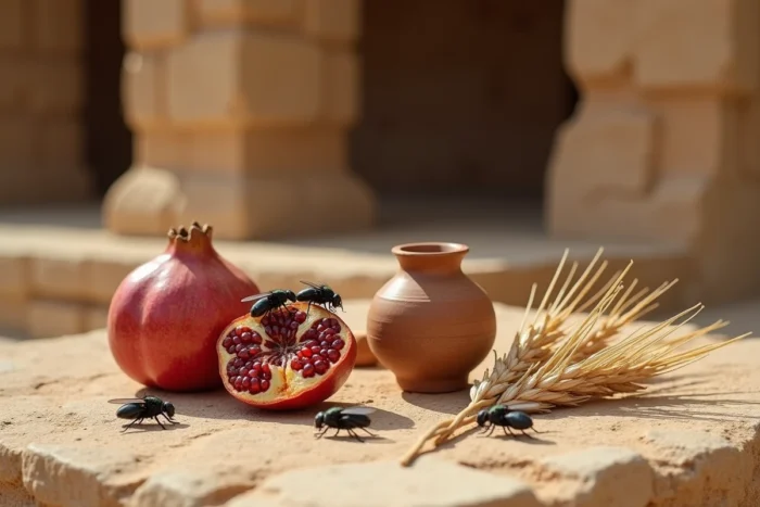 Mouches sur des offrandes rituelles bibliques, figues séchées et lampe à huile en argile évoquant les symboles spirituels de la Bible