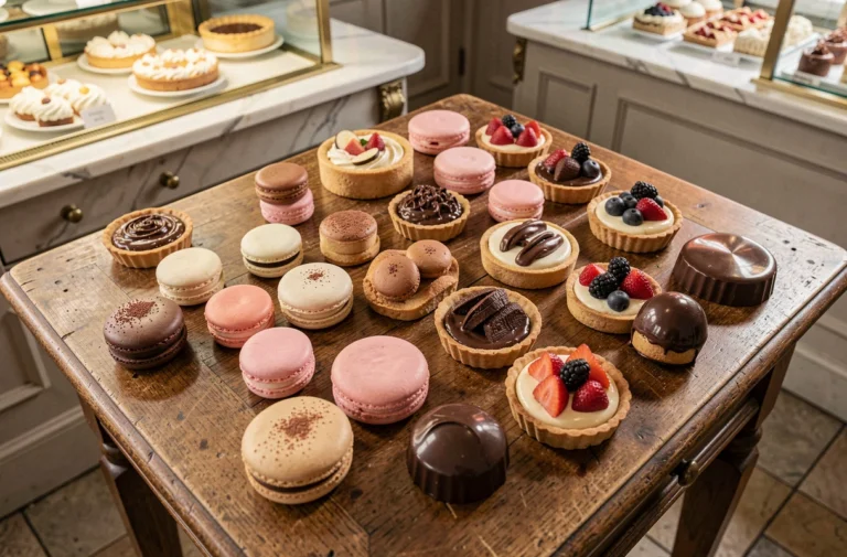 Assortiment de pâtisseries artisanales de saison disposées sur une table en bois dans une pâtisserie parisienne, vue de dessus