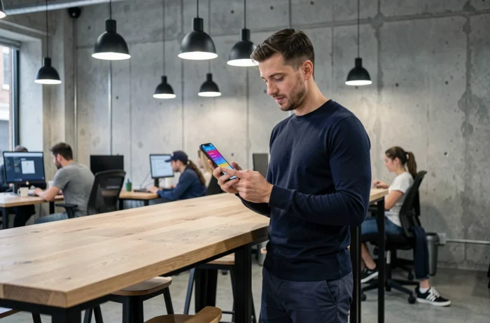 Professionnel masculin consultant les nouvelles tendances numériques sur smartphone dans un espace de coworking