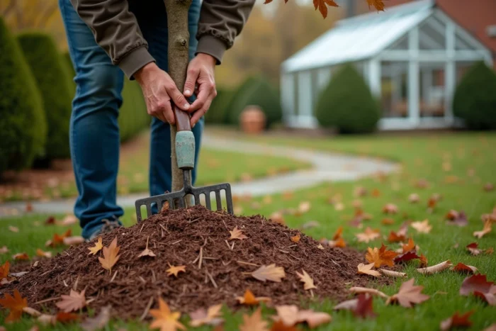 Mains âgées étalant du paillis autour d'un arbre ornemental dans un jardin en automne avec des feuilles mortes