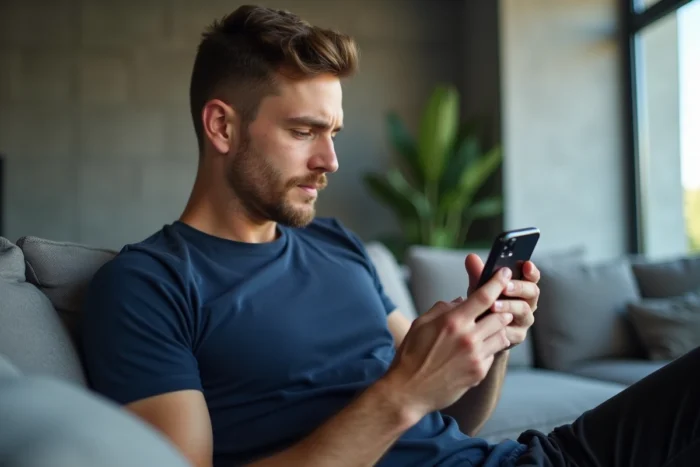 Homme en appartement moderne naviguant dans les paramètres Instagram pour voir ses demandes de suivi envoyées