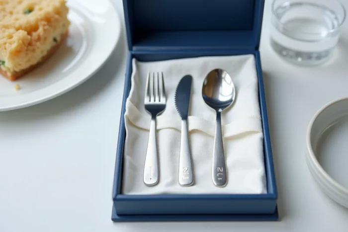 Parure de couverts bébé en inox poli gravés aux initiales de l'enfant dans un coffret marine sur linge blanc
