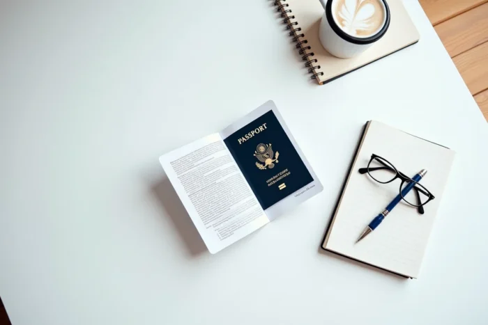 Vue de dessus d'un passeport ouvert avec stylo et carnet de notes sur un bureau