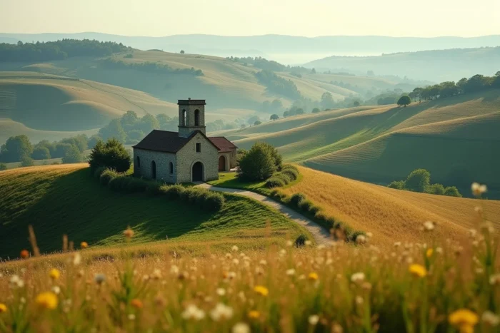 Paysage vallonné du Périgord près de Saignac avec une chapelle romane nichée entre les chênes et les noyers