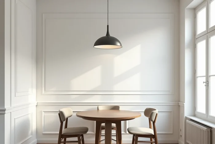 Pièce repeinte en blanc satiné sur murs et plafond pour maximiser la réflexion de la lumière naturelle
