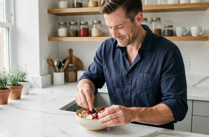Homme préparant un bol de petit-déjeuner sain avec des fruits frais dans une cuisine moderne pour prendre soin de sa santé