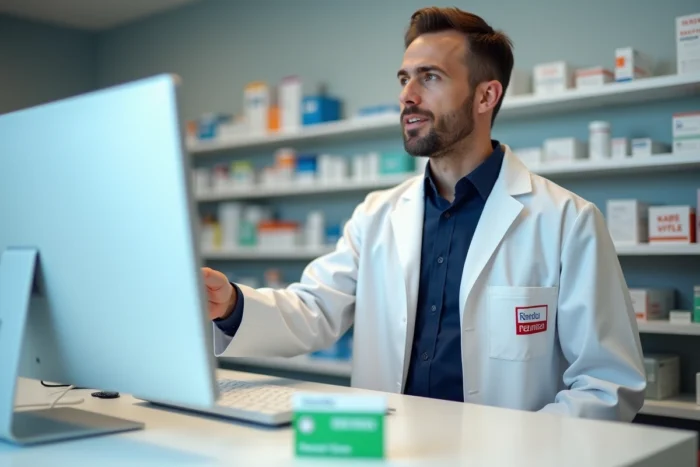 Pharmacien expliquant à un patient pourquoi son ALD n'apparaît pas sur sa carte Vitale, devant un écran d'interface d'assurance maladie en pharmacie