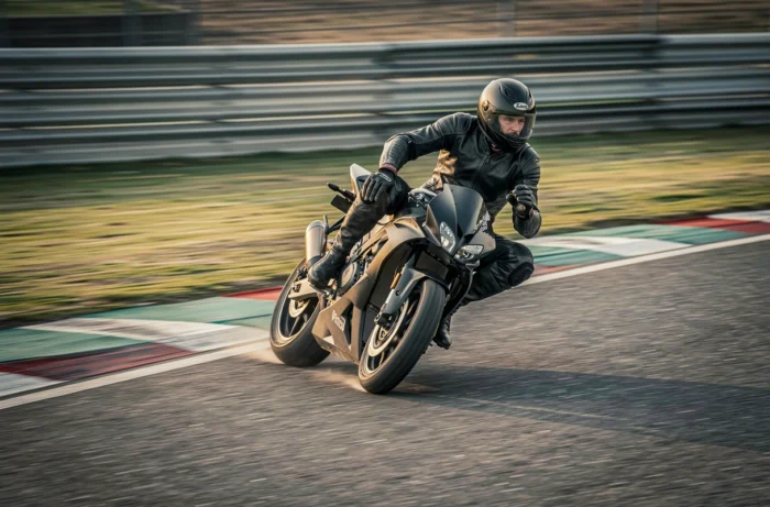 Pilote en combinaison cuir sur moto sportive en virage sur circuit, comparatif alternatives Yamaha R1