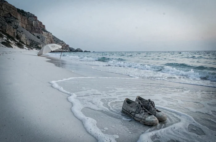 Plage déserte à Ibiza avec des chaussures abandonnées au bord de l'eau, symbole de mystère et de fin abrupte liée à White Lines sur Netflix