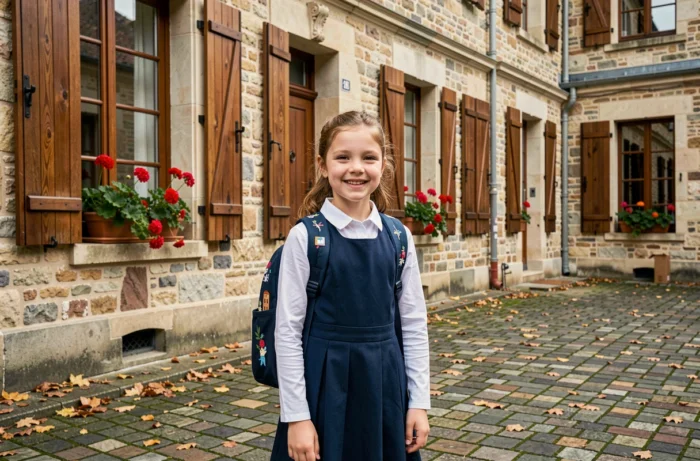 Écolière française devant une école primaire illustrant la popularité actuelle du prénom Lucie chez les jeunes générations en France