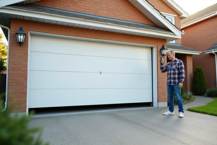Porte de garage sectionnelle motorisée installée sur maison individuelle avec télécommande murale