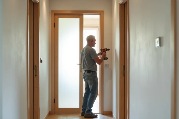 Remplacement d'une porte pleine par une porte vitrée en verre dépoli pour laisser passer la lumière entre les pièces