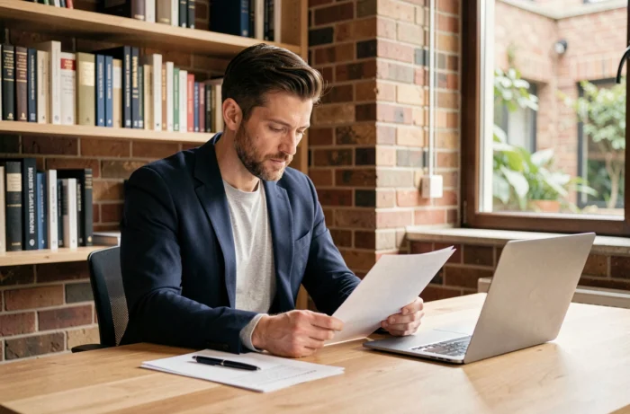 Portrait de leader inspirant concentré sur sa stratégie, illustrant les clés du succès managérial et la réflexion visionnaire de Thibault Richelme dans son bureau