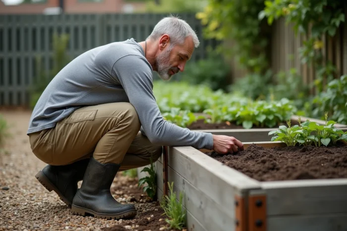 Homme transplantant des plants de légumes dans un potager surélevé en bois dans un jardin urbain