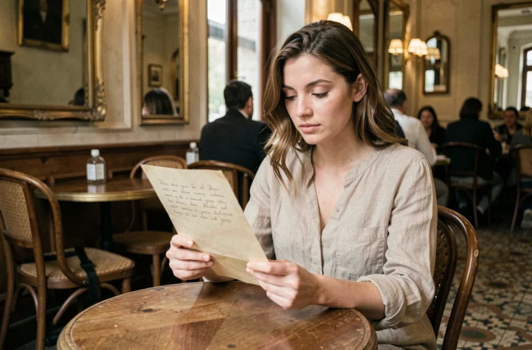 Jeune femme prénommée Lucie dans un café parisien tenant une lettre ancienne, illustrant l'histoire et les origines du prénom Lucie en France