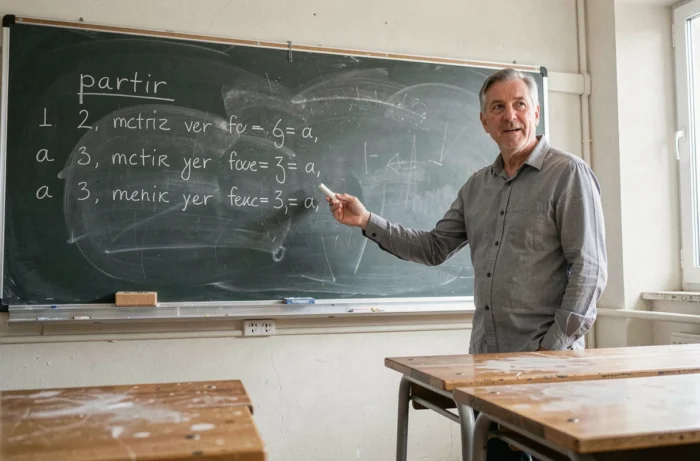 Professeur de français écrivant la conjugaison du verbe partir au présent au tableau noir dans une salle de classe