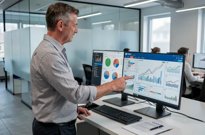 Professionnel de la finance présentant un tableau de bord de portefeuille d'investissement sur écran de bureau en open space