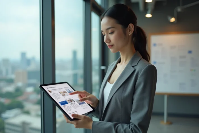 Jeune professionnelle explorant les rubriques d'un site d'actualité business sur tablette