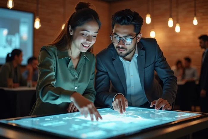 Deux professionnels découvrant une démonstration d'intelligence artificielle sur un écran interactif lors d'un événement tech