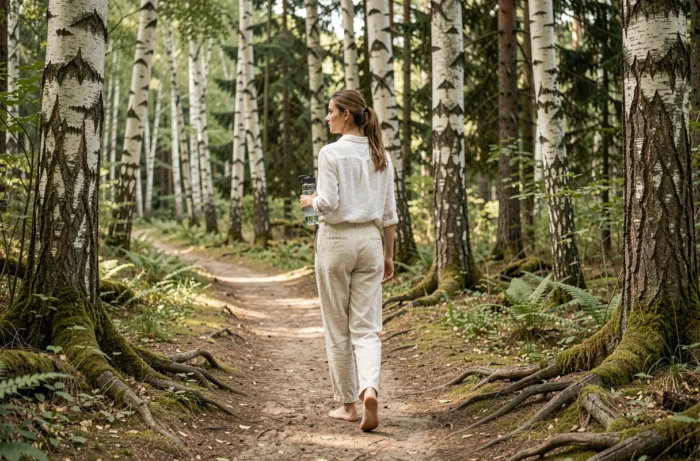 Femme se promenant pieds nus sur un sentier forestier paisible pour se ressourcer et améliorer son bien-être mental