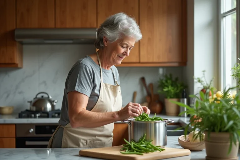 Femme réchauffant des haricots verts cuits dans une cocotte minute sur un plan de travail de cuisine moderne