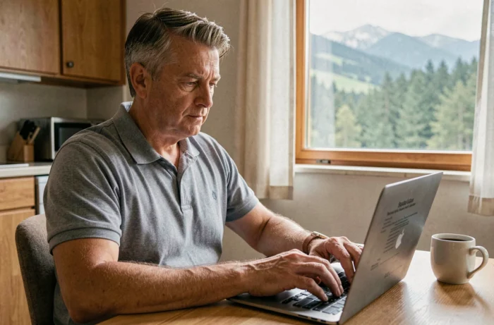 Homme rédigeant un avis en ligne sur sa location de vacances Odalys depuis un appartement