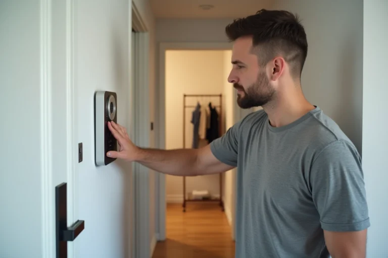 Homme ajustant les réglages d'un interphone mural dans un couloir d'appartement pour améliorer la qualité sonore