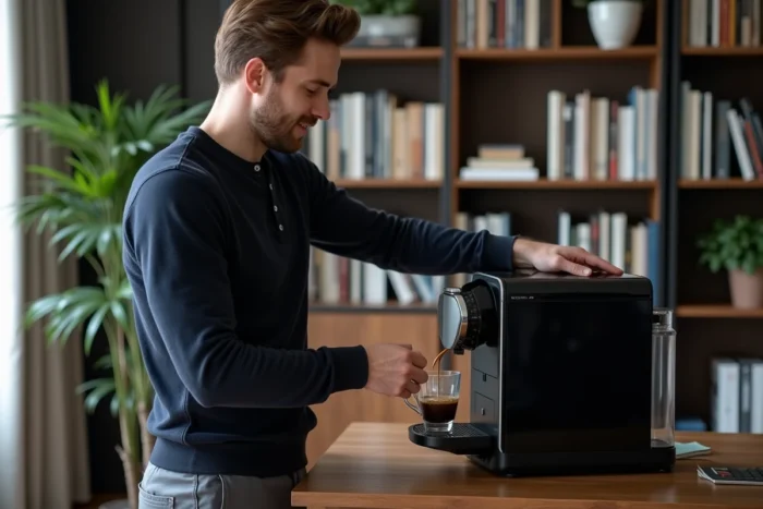 Homme remplissant le réservoir d'eau de la machine à café Saeco Picobaristo Deluxe dans un bureau à domicile