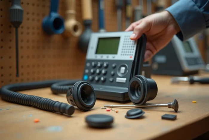 Combiné d'interphone démonté sur un établi avec outils et pièces de rechange pour amélioration sonore