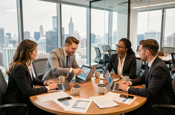 Équipe de professionnels analysant des indicateurs de performance RH lors d'une réunion en salle de conférence