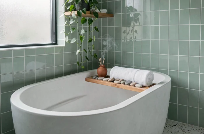 Salle de bain zen avec baignoire en pierre blanche, carrelage zellige vert sauge et accessoires naturels pour une atmosphère apaisante