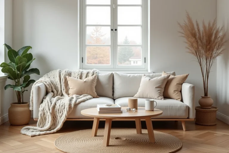 Salon scandinave cosy avec canapé en lin, plaid en laine et parquet en chêne en chevron, décoré dans des tons neutres chaleureux