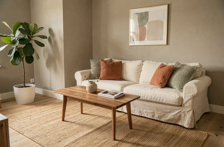Salon de style scandinave avec canapé en lin crème, tapis en jute et plantes vertes, décoré avec soin pour un intérieur chaleureux et moderne