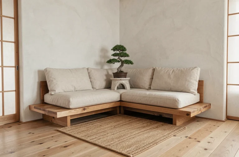 Salon zen minimaliste avec canapé en lin crème, bonsaï sur table en céramique wabi-sabi et parquet en chêne clair pour une déco harmonieuse