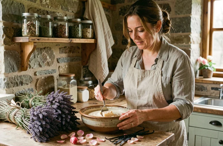 Femme préparant un savon maison naturel avec des herbes séchées et des pétales de roses dans une cuisine rustique